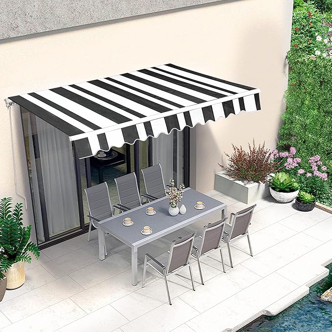 MCombo 13.2x7.8 Feet Manual Retractable Patio Door Window Awning Sunshade Shelter Outdoor Canopy,1308 (White with Black Stripes, 13.2'(L) x 7.8'(W))