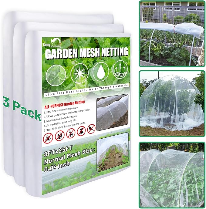 SnugNiture 3 Pack Garden Netting 8x25FT Ultra Fine Mesh Mosquito Netting Plant Covers, White Bird Netting Barrier Greenhouse Row Cover Protect Fruits Flower Vegetables from Birds Deer & Squirrels