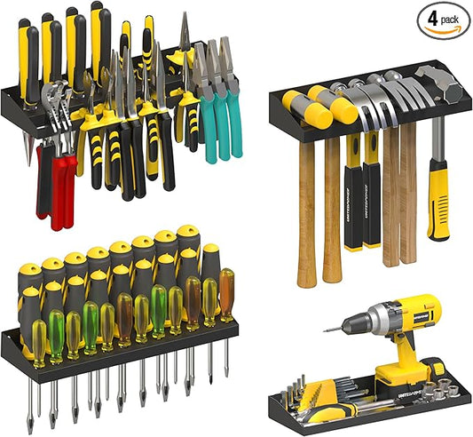 UNITEDPOWER Wall Mount Hand Tool Storage Set, Screwdriver Organizer, Pliers Holder, Hammer Rack, Metal Hardware Tray for Garage Workshop Workbench - 4 Pack