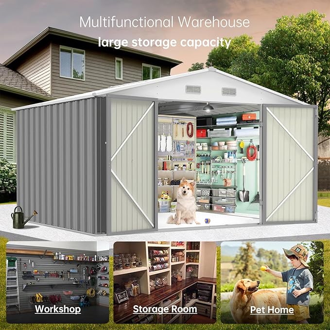 Garvee 10×8FT Outdoor Storage Shed, Metal Waterproof Garden Storage Shed Galvanized Steel Utility Tool Shed with Lockable Doors & Vents, All-Weather Shelter for Bike/Kids Car/Mowers/Tool, etc. Gray