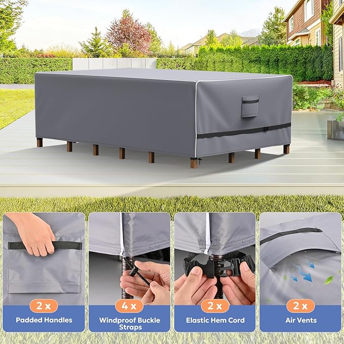 Outdoor Furniture Covers Waterproof, Upgrade Windproof Patio Furniture Covers, Tear-Resistant Patio Table and Chair Set Cover with Buckle Straps and Elastic Hem, 108" L× 82" W× 28" H, Grey