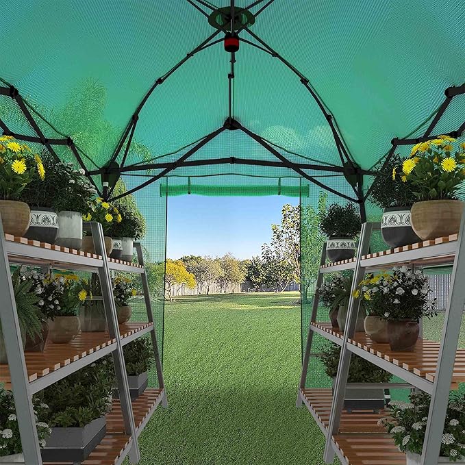 11 x 8.5 FT Walk-in Greenhouse, Portable Pop-up Green House 3 Adjustable Hights Heavy Duty Plant Gardening Canopy with Durable PE Cover for Indoor Outdoor (Clear and Green)