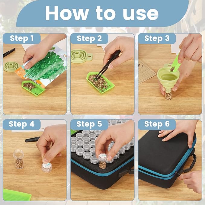 120 Slots Seed Storage Box with 25 Envelopes and Tools, Large Sturdy Storage Organizer for Garden Plant Seeds, Seed Bank with Zipper, Label, Funnel, Tweezers, Tray (Seeds Not Included)