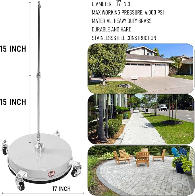 17" Pressure Washer Surface Cleaner with 4 Wheels, Stainless Steel Power Washer Surface Cleaner for Driveways Sidewalks Patios, 1/4" Quick Connector, 2 Extension Wand, 4000 PSI