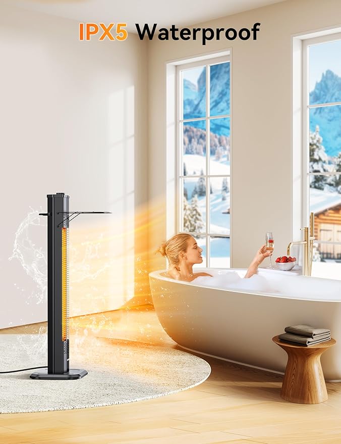 VAGKRI Outdoor Infrared Heater, 1500W 36inch Electric Heater with 3 Heating Levels, Tip-Over & Overheat Protection, IPX5 Waterproof Tower Space Heater for Patio Backyard Garage Restaurant Home
