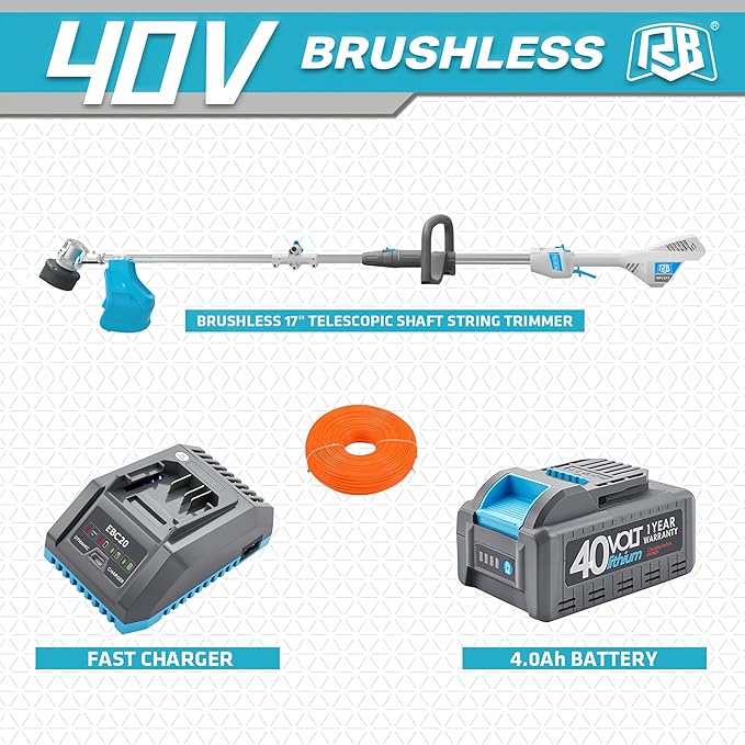 RB 17" Cordless String Trimmer, 40V Lithium Battery Weed Wacker with 4.0Ah Battery & Fast Charger & .095'' line, 2 in 1 Grass Trimmer and Edger, 2-Speed Adjustable, Low Vibration Lawn Garden Tool