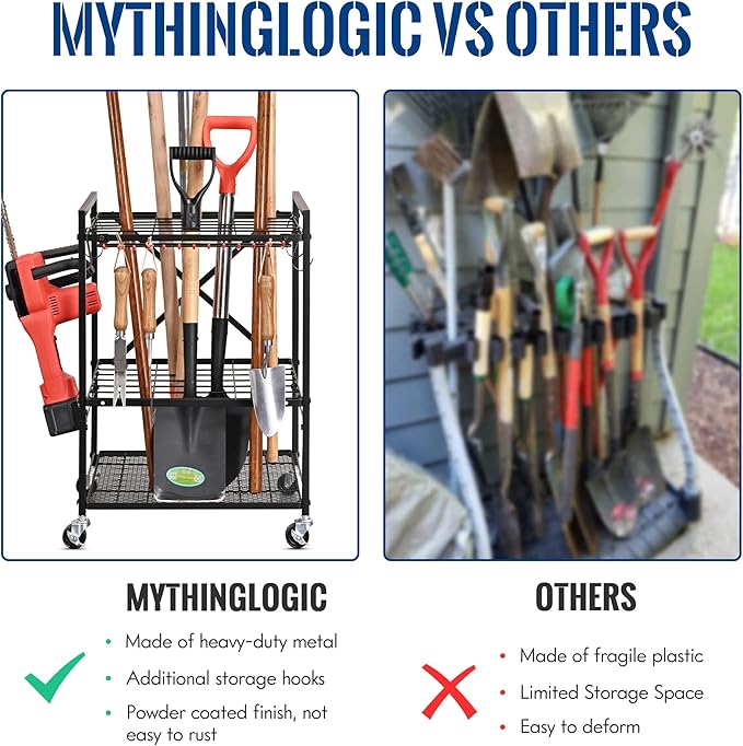 Mythinglogic Garden Tool Organizer for Garage, Yard Tool Rack with Wheels, Garage Organizers and Storage Holder for Yard Tools (Small Tower)