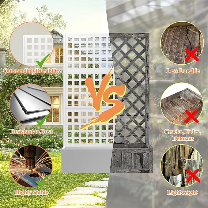 Metal Planter Box with Trellis & Wheels, Raised Garden Bed with Privacy Screen, Outdoor Standing Flower Beds with Drainage Hole for Climbing Plants, Vine, 35" Lx16 Wx71 H