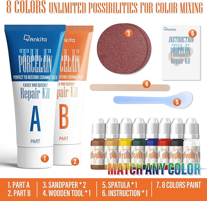 Tile Repair Kit, Ceramic Tile Repair Kit(Color Match), Porcelain Tile Chip Repair Kit with Super Strong Adhesion, Floor Tile Crack Repair Filler for Chips, Holes on Porcelain, Ceramic, Acrylic