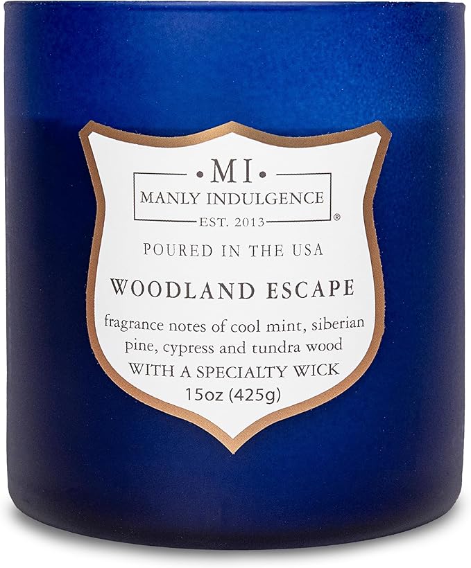 Manly Indulgence Woodland Escape Scented Candles for Men, 15 oz Wooden Wick, Premium Soy Blend Wax, 60H Burn, Candles for Home Scented - Made in The USA