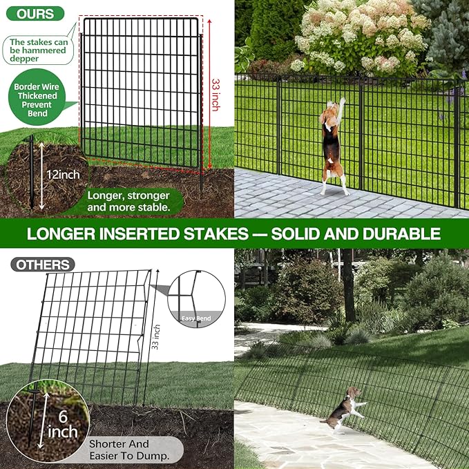 10 Panels Garden Fencing Animal Barrier, 33 in(H) X 24 ft(L) Dog Fence Outdoor for Yard Rustproof No Dig Decorative Tall Garden Fence Metal Wire Panel Border Patio Rabbit Ground Stakes Fencing