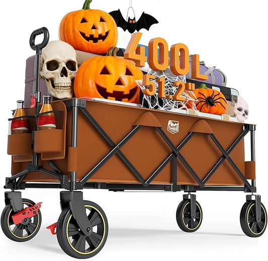 Timber Ridge 51.2'' Extended Collapsible Wagon Cart with Brakes and Cargo Net, 500LBS Heavy Duty Foldable Utility Wagon with Adjustable Handle, 400L Capacity Portable Cart for Camping Sports, Orange