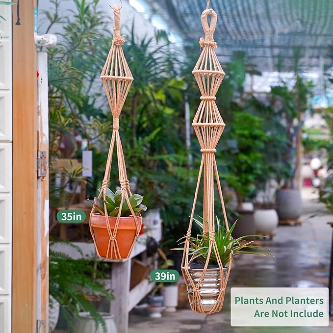 2Pcs Macrame Plant Hangers Indoor Macrame Hanging Planters Large for up to 10 inch Pot No Tassels Long Crochet Boho Plant Hanger Holder for Indoor Outdoor Plants Different Size 35”/39" (Caramel)