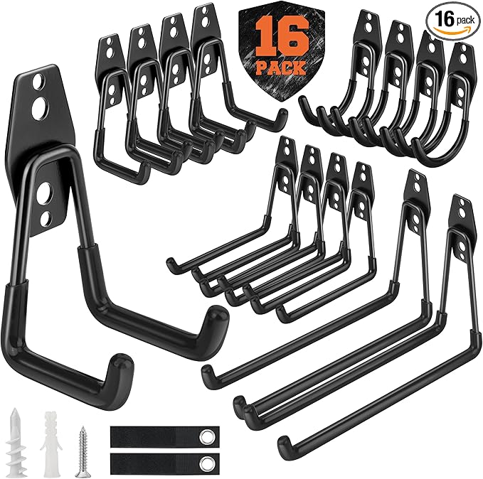 Nacial 16 Pack Garage Hooks Heavy Duty, Utility Steel Garage Storage Hook with 2 Storage Straps, Utility Garage Wall Mount Hooks for Hanging Bike, Ladder and Garden Tools, Perfect for Father Day Gifts