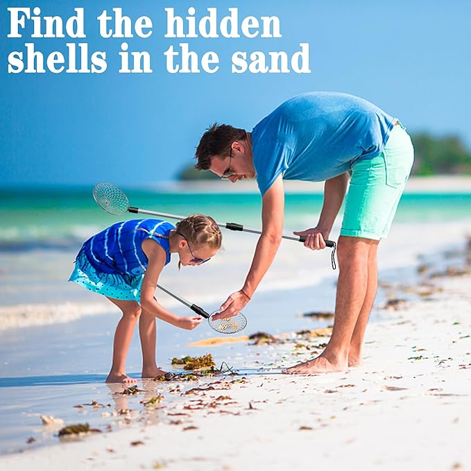 2 Pack 5.3 Inch Beach Sand Sifter- 22~35 Inch Adjustable Shark Tooth Sifter- Sand Scoop Shell Scooper for Beach- Beach Scoop Shovel and Sifter Tool for Picking Up Shells Beachcombing & Rock Hunting