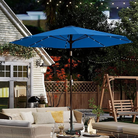10FT Solar Umbrella 32 LED Lighted Patio Umbrella Table Market Umbrella w/Tilt and Crank, UV-Resistant Outdoor Umbrella for Pool, Garden, Deck, Royal Blue
