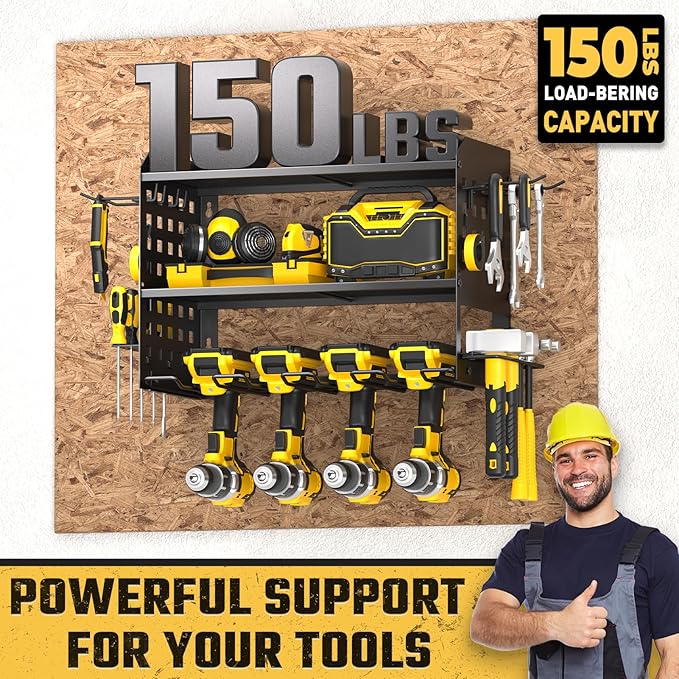 SPACECARE Power Tool Organizer, Drill Holder Wall Mount with 2 Side Pegboards with Hooks, 3 Layer Garage Organization Heavy Duty Tool Organizers Utility Rack for 4 Drill Holders Black