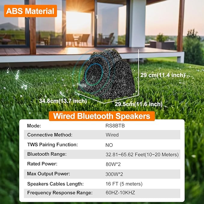 STUDIOFINIX 8" Outdoor Rock Bluetooth Speakers Waterproof Powerful 600 Watt Deep Bass All Weather Durable for Outdoor Garden Pool Patio Deck Porch BBQ (1 Pair)
