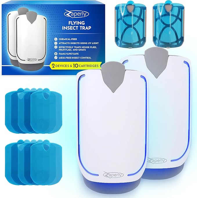 2 Fruit Fly Traps & 10 Adhesive Cartridges, Indoor Plug-in Bug Catcher, UV Light Fly Trap Captures Fruit Flies, Gnats, Houseflies, Moths, and Flying Insects for Kitchen, Bathroom, Plant Areas