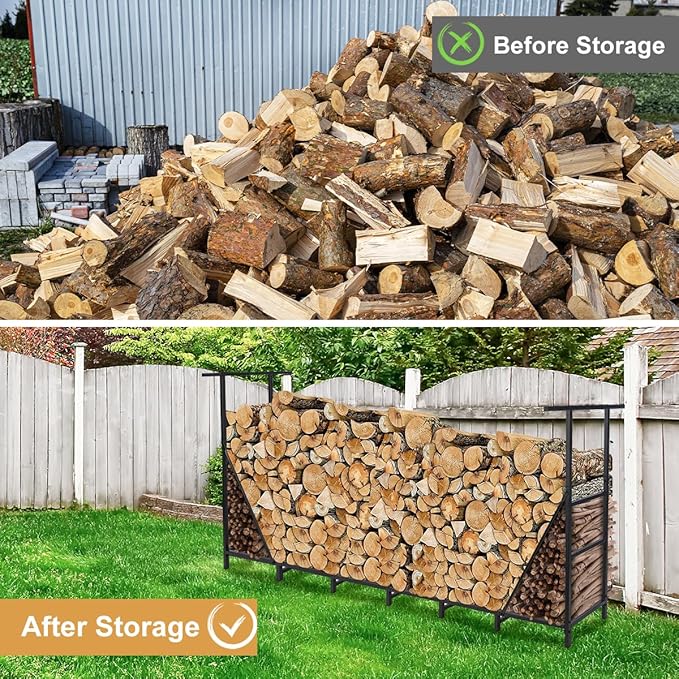 Vailge Firewood Rack Outdoor 8FT with Waterproof Firewood Carrier Bag, Adjustable Heavy Duty Steel Firewood Holder Storage, Log Rack for Fireplace, Fire Pit, Backyard, Camping