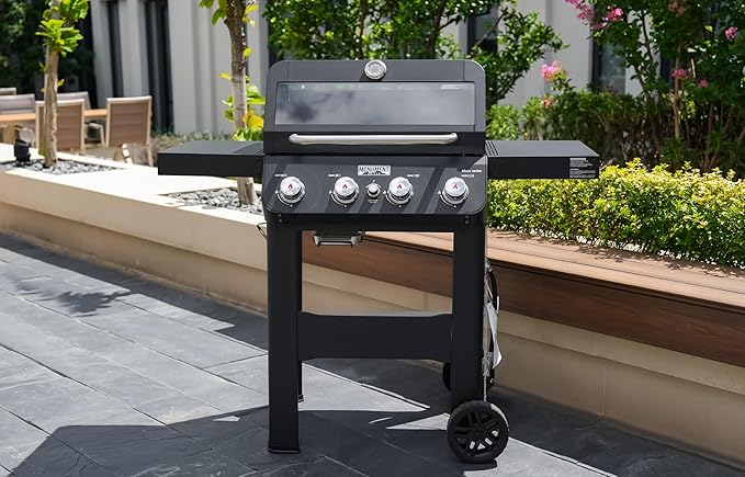 Monument Grills 4-Burner Liquid Propane Gas Grill, Matte Black Stainless Steel Burner Grill with Clearview® Lid, One Foldable Shelf for Outdoor Cooking Kitchen Patio Backyard, Mesa420MF with BBQ Cover
