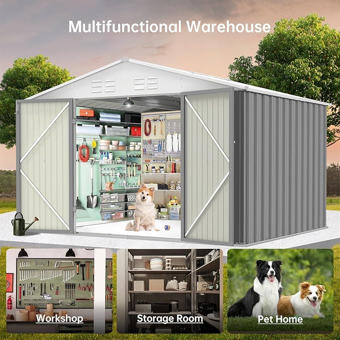 Garvee 7.5×8.5FT Outdoor Storage Shed, Metal Waterproof Garden Storage Shed Galvanized Steel Utility Tool Shed with Lockable Doors & Vents, All-Weather Shelter for Bike/Kids Car/Mowers, etc. Gray