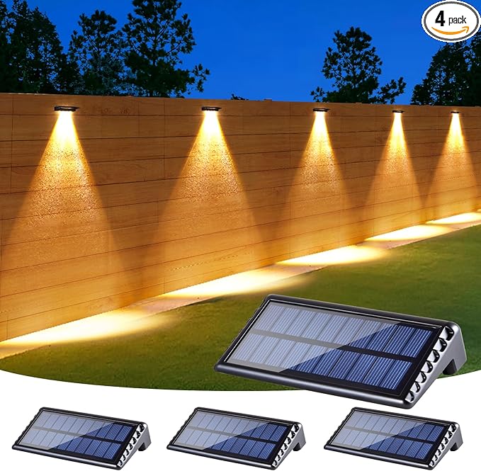Solar Fence Lights Outdoor Waterproof LED,4LEDs Focus Lens Solar Wall Lights,Auto ON Off Warm White Outdoor Lights for Patio,Deck,Fence, Step,and Railing,Backyard Decor(4Pack)