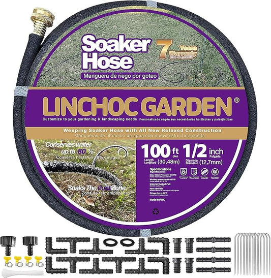 LICNCHOC GARDEN Soaker Hose 100ft,1/2 INCH Flexible Durable Garden Hose for Efficient Watering, Leak-Proof Design 100% Recycled Rubber,Ideal for Lawns,Gardens & Flower Beds