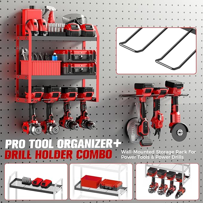 Power Tool Organizer Wall Mount with Extra Drill Holder, Red & Black Garage Storage Combo with Battery Storage, 4 Drill Slots Total, Heavy Duty Steel Tool Rack for Workshop Garage