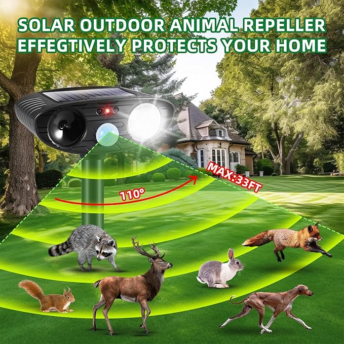 2025 Cat Repellent Device Ultrasonic Animal Repellent Outdoor Solar Animal Repeller with Motion Sensor&LED Strobe Light Deer Deterrent to Scare Dog Squirrel Raccoon Skunk Rabbit (2Pack)