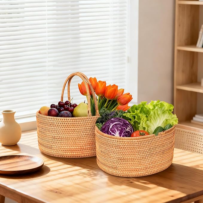 15"×11"×6.3" Rattan Picnic Basket with Handles, Large Oval Gift Baskets, Hand-Woven Basket for Fruit, Empty Gift Basket for Festival, Wedding, Camping