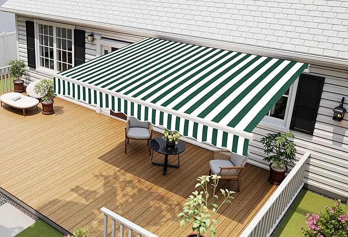 MCombo 11.5x9.5 Feet Manual Retractable Patio Door Window Awning Sunshade Shelter Outdoor Canopy, 1210 (Green with White Stripes, 11.5'(L) x 9.5'(W))