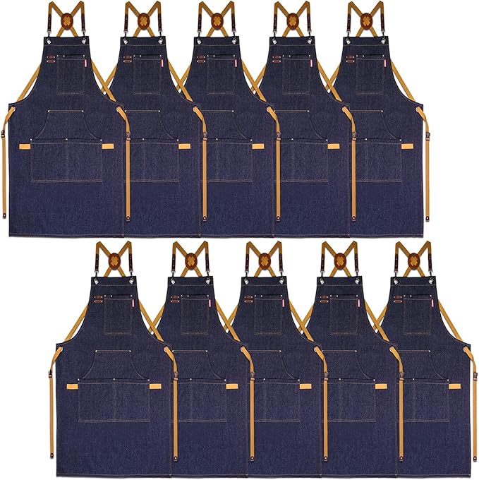 10 Pack Kitchen Aprons, Work Apron, Canvas, Multiple Pockets, Gardening, Painting, BBQ, Artist, Carpenter, Sizes M to XXL, Denim