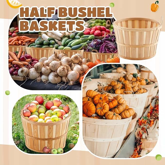 Marsui 8 Pcs Jumbo Half Bushel Baskets 14 x 9.5 inch Large Round Wooden Apple Basket with Handles Handcrafted Produce for Farmers Market Fall Harvest Fruit Personal or Commercial Use