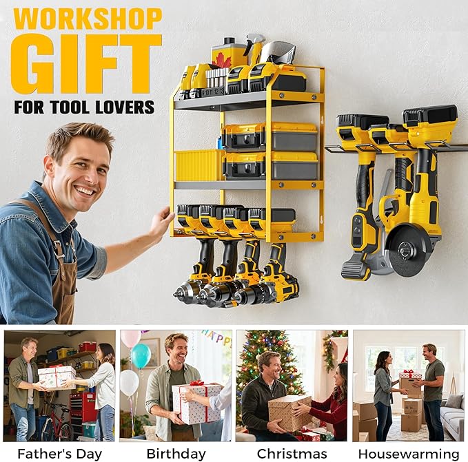 Power Tool Organizer Wall Mount with Extra Drill Holder, Yellow & Black Garage Storage Combo with Battery Storage, 4 Drill Slots Total, Heavy Duty Steel Tool Rack for Workshop Garage