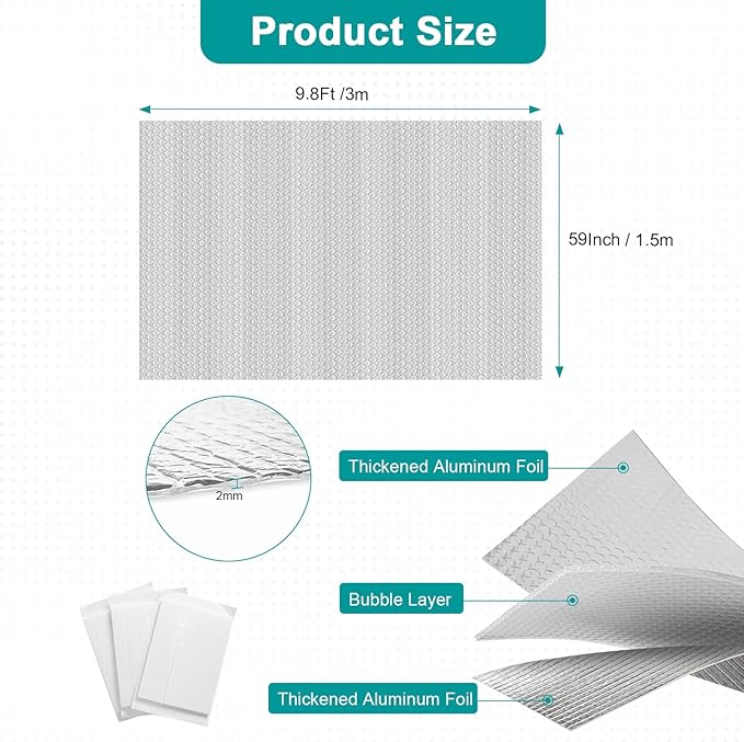 Reflective Insulation Roll 59 in X 9.8 FT, Window Insulation for Summer Heat, Double Side Aluminum Foil Bubble Shield for Windows, Roof, Garage Door