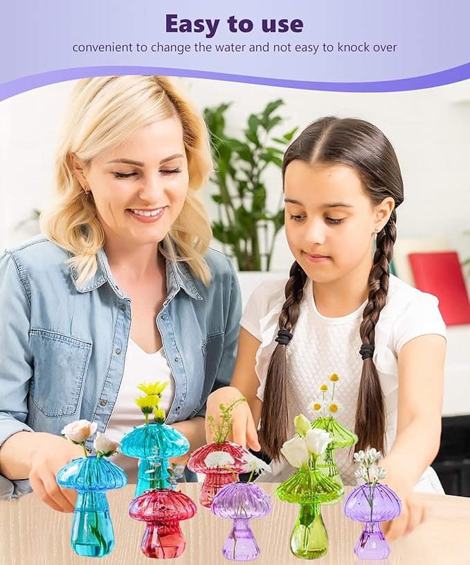 Nacome Mushroom Glass Propagation Station for Plants: Set of 8 Colored Vases Terrarium Kit for Home Office Indoor Hydroponics Decor - Birthday Gifts for Women Mom Grandma