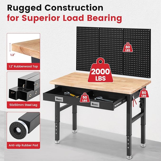 Workbench for Garage with Drawers 48 x 24 Inch Rubberwood Tabletop Work Table with Pegboard, Power Outlets Adjustable Height Work Bench for Woodworking Shop, Home, Office