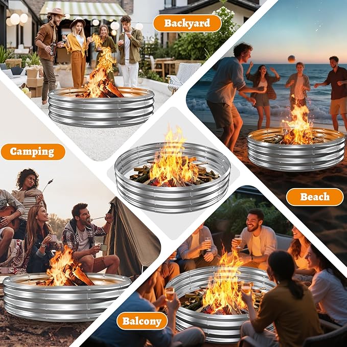 Metal Fire Pit Ring/Bonfire Fire Ring- 5 FT Diameter, 0.8 MM Thick,1 ft High, Durable and Stylish for Outdoor Fire Pits,Patios and Camping (Silver, 5X5X1 ft)