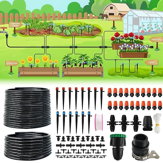 113FT Drip Irrigation System,Automatic Misting Sprinkler System with Tubing Hose,Garden Watering System with Emitters Barbed Fittings for Outdoor Plants Flower Bed Lawns Raised Beds Greenhouse