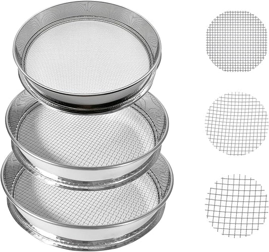 3PCS Soil Sifter Set with 0.04”,0.1”,0.2” Mesh, for Sifting Soil, Sand, Rock and Compost