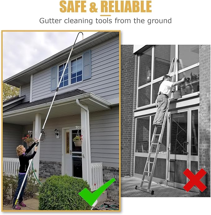 24ft Reach Gutter Cleaning Tools From The Ground, 16ft Telescopic Gutter Cleaner Tools, Rain Gutters Cleaning Tool With Garden Hose Attachment and Bendable Wand