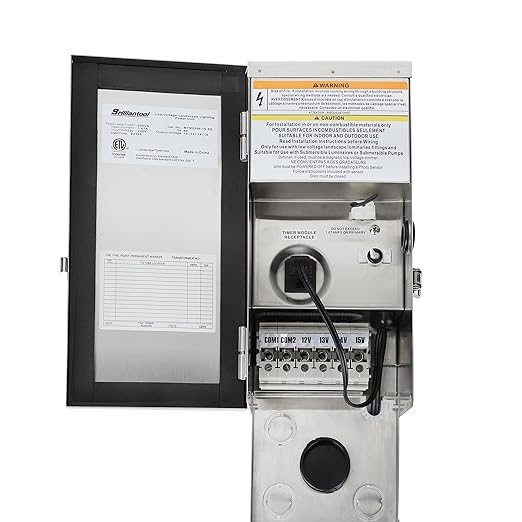 200W Multi-Tap Low Voltage Transformer, Stainless Steel Guard, Landscape Lighting Transformer for Garden Lights, Spotlights, Floor Lights - 120V AC to 12V/13V/14V/15V AC, ETL Listed