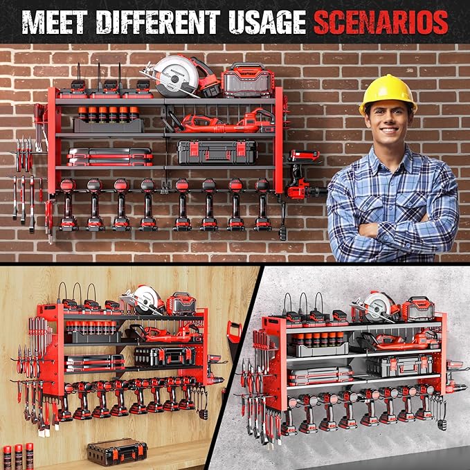 Heavy Duty Power Tool Organizer Wall Mount with Charging Station, Large Garage Organization with 10 cordless Drill Holder, 4 Layers Tool Organizers and Storage, Tool Rack with 6 Power Strip, Red