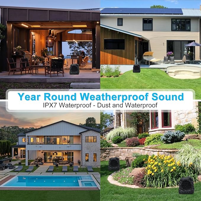 Herdio 8" Outdoor Rock Bluetooth Speakers IPX7 Waterproof Wired Max Power 1200 Watt All Weather for Deck Pool Backyard Patio Garden (2 Pair Black)