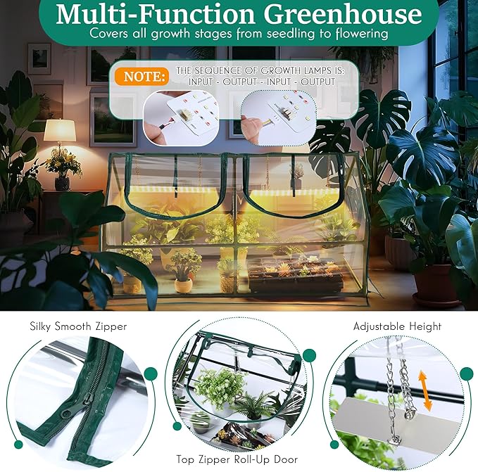 Meonum Indoor Greenhouse with Grow Light, 47.2 L x 23.6 L x 23.6 W Small to Medium Portable Greenhouse with 13W Dimmable Dual Plant Lamp, Timing Function and PVC Cover for Seed Starting