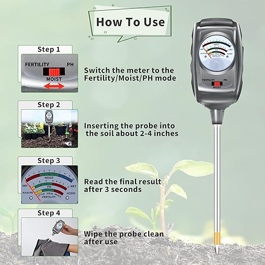 3-in-1 Soil Test Kit, Soil Moisture Meter/Soil ph Meter/Fertility Soil Tester, Soil Hygrometer for Garden,Plant,Farm, Indoor, Outdoor, Lawn Care Moisture Meter for Hous Plants. (Black Silver)