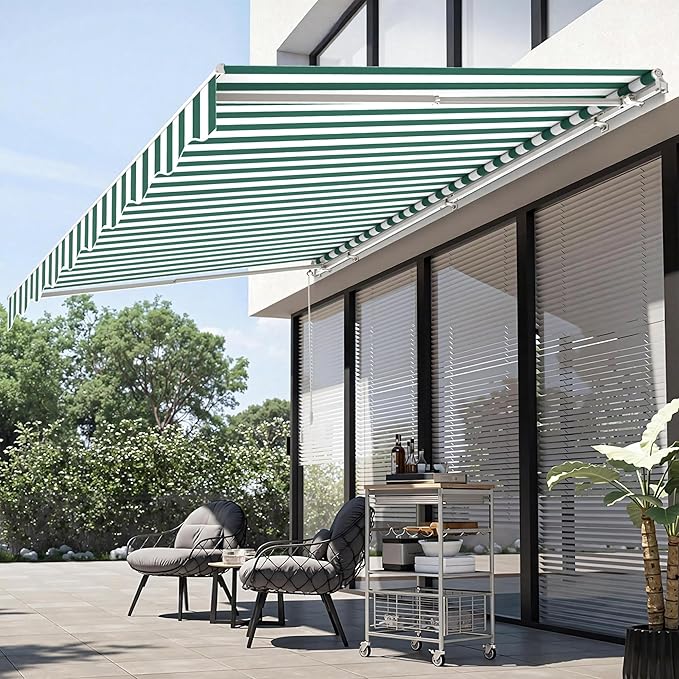 MCombo 11.5x9.5 Feet Manual Retractable Patio Door Window Awning Sunshade Shelter Outdoor Canopy, 1210 (Green with White Stripes, 11.5'(L) x 9.5'(W))