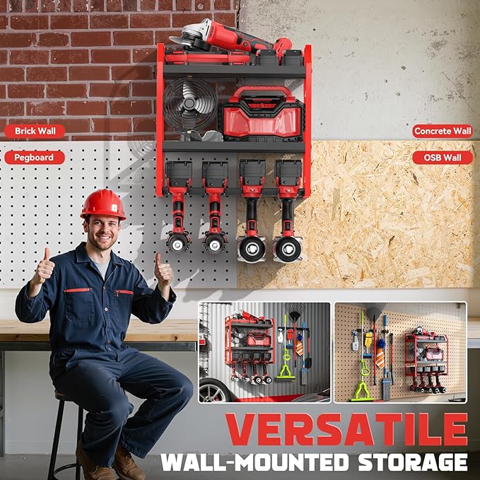 Power Tool Organizer Wall Mount with Broom Holder Combo, Red & Black 3-Tier Garage Storage Rack with Battery Storage, 4 Drill Holder Slots, Heavy Duty Steel 150LB Capacity
