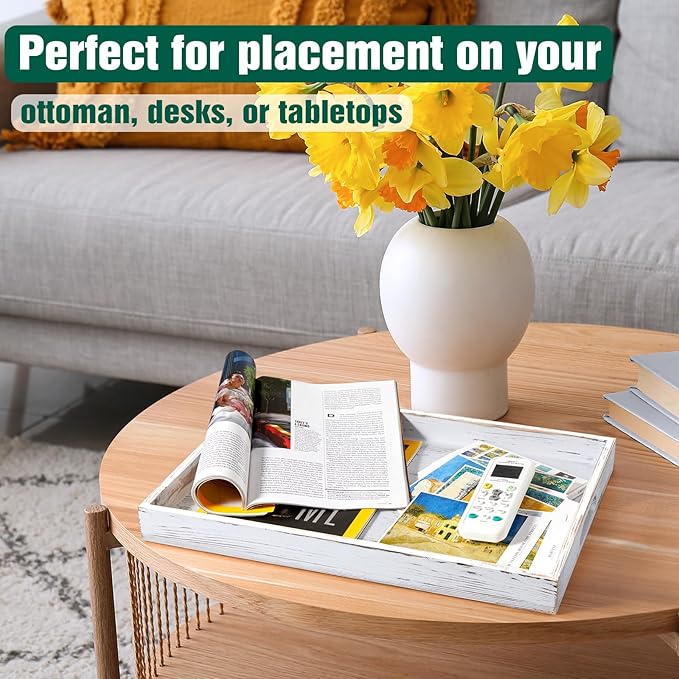 17 Inch Rustic White Serving Tray with Handles - Large Wooden Tray for Ottoman, Breakfast in Bed, Dinner, Coffee Table - Decorative Rectangular Tray for Living Room Bedroom Entryway and Kitchen Decor